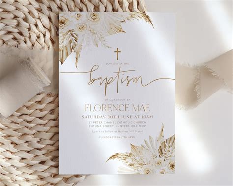 Boho Baptism Invitation Girls Christening Invitation Template Boho Floral Christening