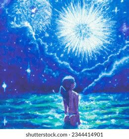 Woman Bikini Standing Water Fireworks Background AI Generated Image Shutterstock