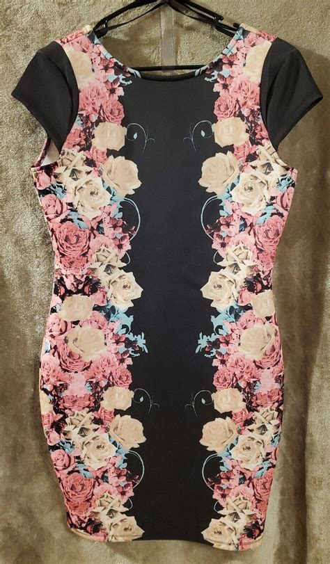 Kardashian Kollection Dress Thick Bodycon Black Floral Nwt Size Large