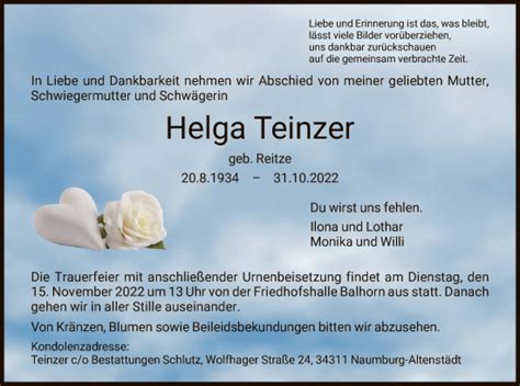 Traueranzeigen Von Helga Teinzer Trauer Hna De