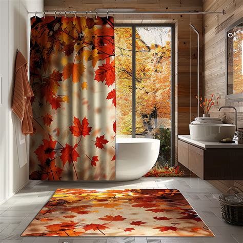 Autumn Leaves Shower Curtain Set Orange And Red Fall Pattern Hyper