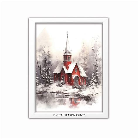 Snowy Red Old Church Painting, Winter Landscape Print, Christmas ...