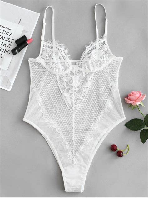 Off Snap Crotch Sheer Lace Teddy Lingerie Bodysuit In White