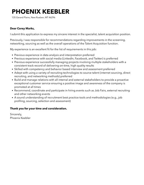 Specialist Talent Acquisition Cover Letter Velvet Jobs