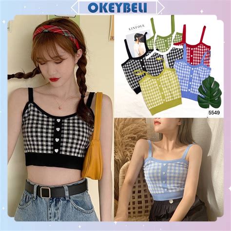 Jual Okey Belibj Tank Top Crop Wanita Motif Kotak Kotak Korean