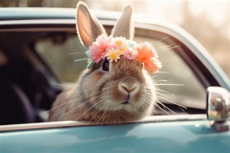 Un conejo con una corona de flores se sienta en un automóvil Foto