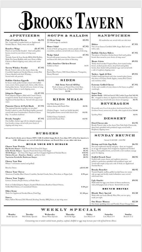 Menu at Brooks Tavern pub & bar, Hendersonville