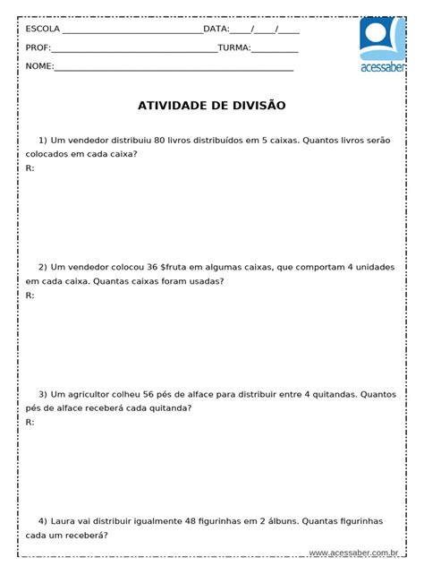 Atividades De Divisão Exata Para 3 Ano - Atividades de Divisão Exata 3º Ano | PDF