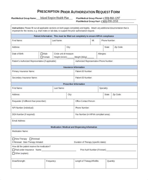 Prescription Drug Prior Authorization Request Form Fillable Printable