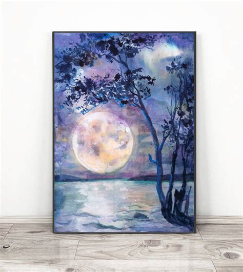 Moon Painting Watercolor, Night Sky Print, Full Moon Decor Art by ...