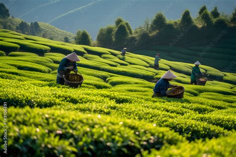 People working on Tea Farm, harvesting fresh tea, process of farming greentea, black tea ...