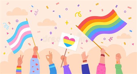 Hands Hold Lgbt Flags Pride Month Or Gay Parade Hand People Group Holding Rainbow Sign And