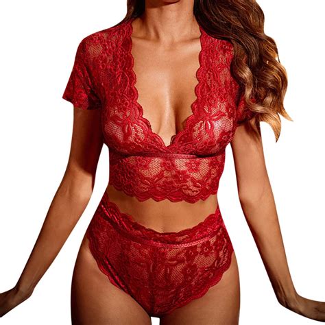 Sheer Floral Lace Pajamas Lingerie Set High Waist Sleepwear Bra And