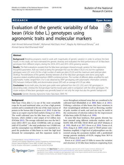 PDF Evaluation Of The Genetic Variability Of Faba Bean Vicia Faba L