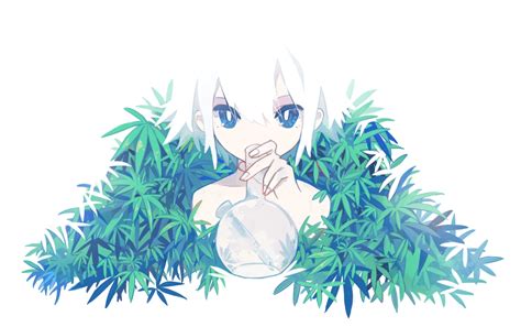 Blue Eyes Leaves Natsu No Kamisama Original Polychromatic Short Hair Topless White White Hair