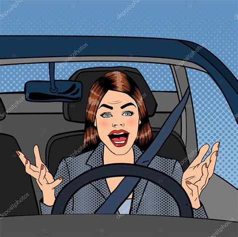 Angry Woman Driver Aggressive Woman Driving Car Pop Art Vector