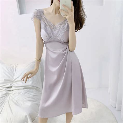 V Neck Nightgown Lace Sleeve Sleepwear Sexy Nightdress Women Summer Home Dress Lingerie