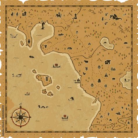 Vetor de Medieval fantasy map on a parchment background with a frame, a compass, trees ...