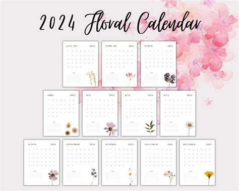 Printable Floral Calendar 2024 Digital Product - Etsy