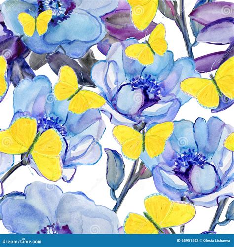 Blaue Blumen Und Gelbe Schmetterlinge Stock Abbildung Illustration