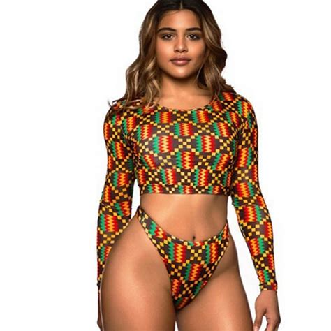 Printed High Waisted Bikini Long Sleeves African High Waist Swimsuit