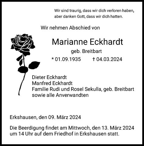 Traueranzeigen Von Marianne Eckhardt Trauer Hna De