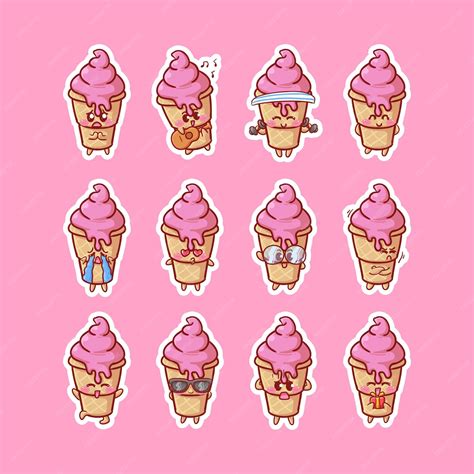 Premium Vector Cute Kawaii Ice Cream Cone Character Stickers Illustration Various Happy