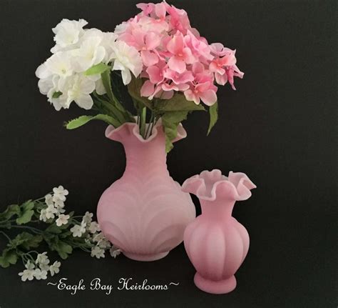 Large Pink Fenton Art Glass Vase Ruffled Satin Custard Vase Etsy