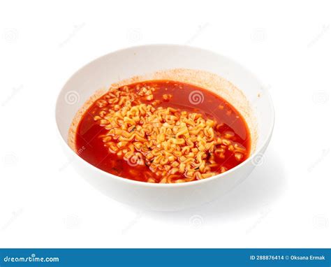 Spicy Ramen Red Hot Noodle Soup In White Bowl Isolated Hot Chili Pepper Ramen Stock Photo
