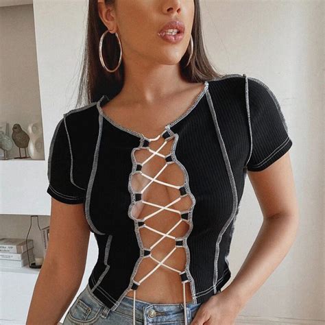 2021 New Women Sexy T Shirt Summer Short Sleeve Hollow Out Bandage Crop Tops Ladies Casual Club