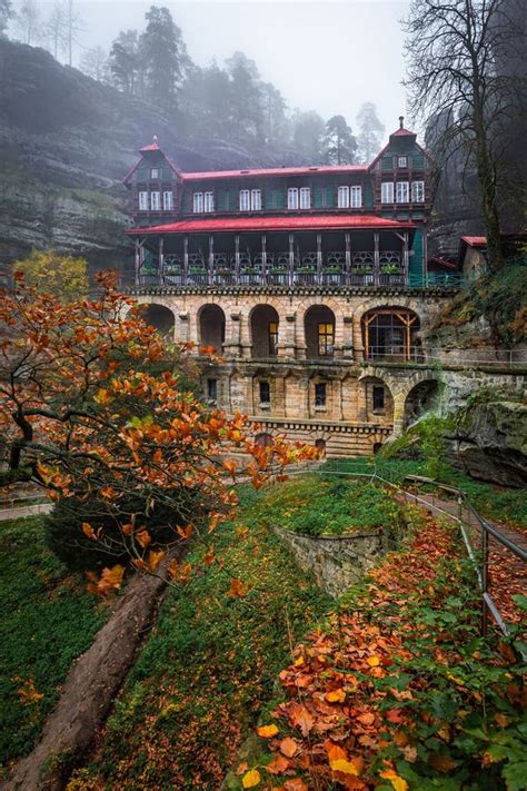 Hrensko Czech Republic Colorful Autumn Leaves With The Falcon S Nest