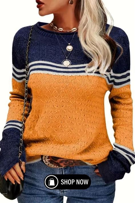 Color Block Boat Neck Knitted Top Casual Long Sleeve Pullover Sweater For Fall And Winter Women