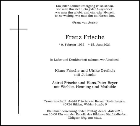 Traueranzeigen Von Franz Frische Trauer In Nrw De