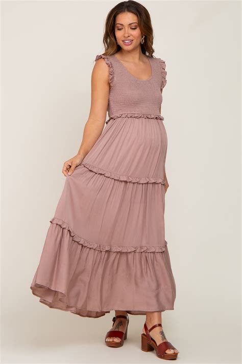 Taupe Smocked Ruffle Tier Maternity Maxi Dress Pinkblush