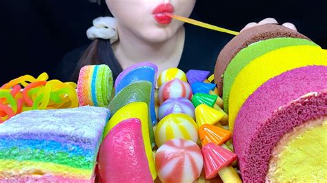 ASMR RAINBOW DESSERTS ROLL CAKE RICE CAKE MARSHMALLOW JELLY MUKBANG