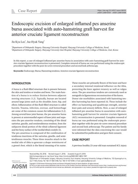 Endoscopic Excision of Enlarged Inflamed Pes Anserine Bursa Associated with Auto-Hamstring Graft ...