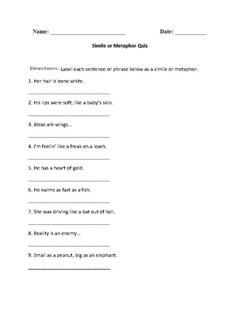 Similes Worksheet 7th Grade