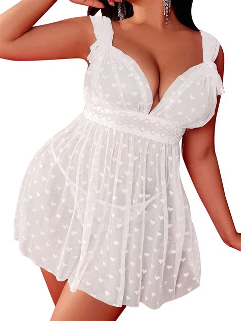 SOLY HUX Women S Plus Size Lingerie Mesh Sheer Heart Print Babydoll Sleepwear Chemise With Thong