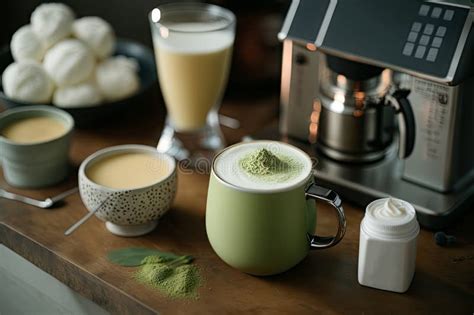 Close Up Cup Of Green Tea Matcha Latte In White Cup With Powder Latte