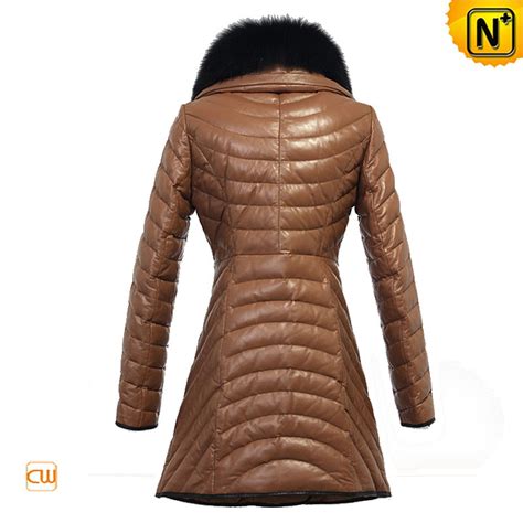 Womens Fox Fur Collar Leather Down Coat Cw681164 Cwmalls