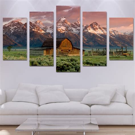 Farm Barn Rocky Mountains Outdoor Nature Framed 5 Piece Canvas Wall Ar