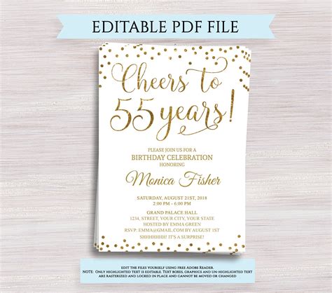 Editable 55th Birthday Party Invitation Template Cheers To 55 Etsy