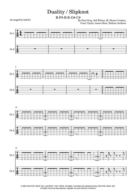 Duality By Slipknot Guitar Tablature Digital Sheet Music Sheet