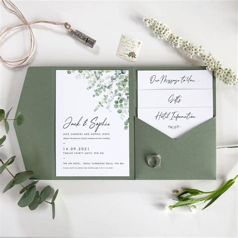 Sample Sage Green Pocketfold Classic Eucalyptus Wedding Invitation