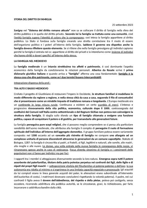 1 Appunti Delle Lezioni STORIA DEL DIRITTO DI FAMIGLIA 25 Settembre