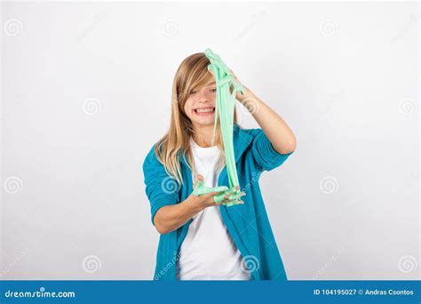 Funny Girl Playing With Green Slime Looks Like Gunk Stock Image Image