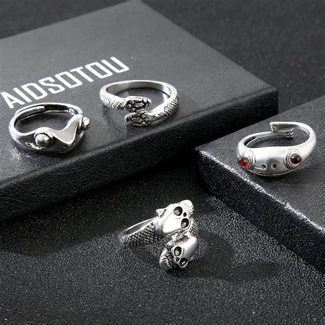 AIDSOTOU Mens Vintage Open Rings Set Frog Snake Skull Cool Punk Goth