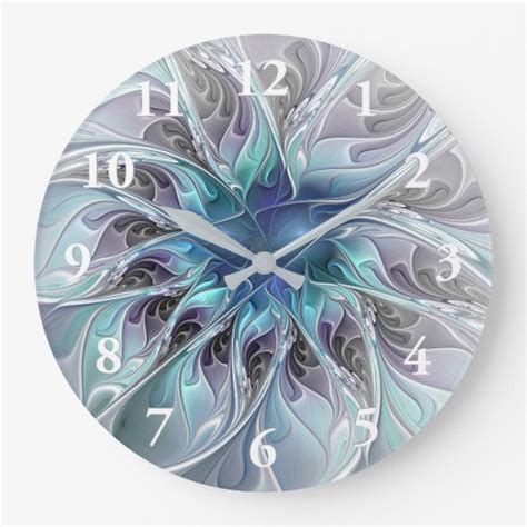 Flourish Abstract Modern Fractal Flower With Blue Large Clock Zazzle