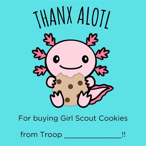 Thanx Alotl Girl Scout Cookie 2024 Mascot Thank You Cards Etsy Girl