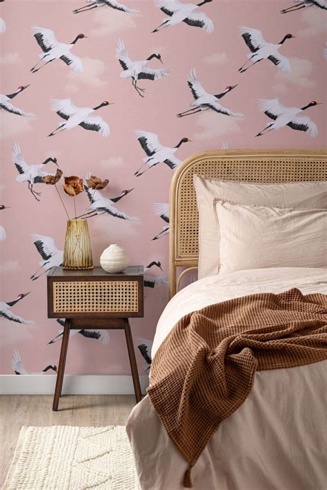 Flying Japanese Cranes Pink Pattern Wallpaper Hovia Pattern